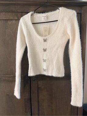 No Boundaries Cream Fuzzy Butterfly Button Cardigan Sweater